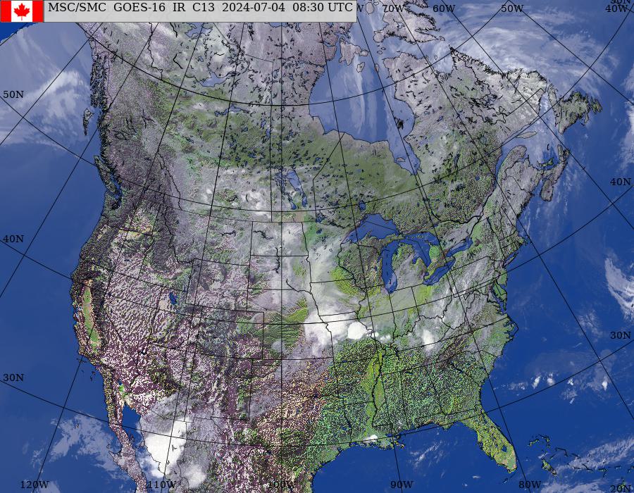 GOES–East/West North American Composite Satellite Image (infrared and topography)